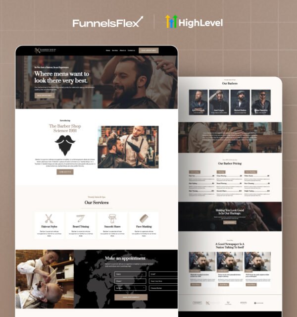GoHighLevel Barber Shop Website Template, GHL Salon Website Template, Modern Barber Booking Funnel, Luxury Salon Website GHL