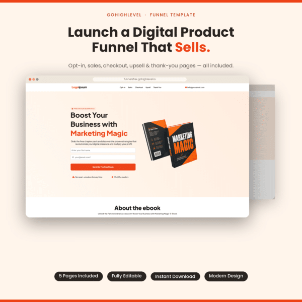 GoHighLevel Funnel Template | Ebook Sales Funnel | Opt-in, Sales, Checkout, Upsell & Thank You